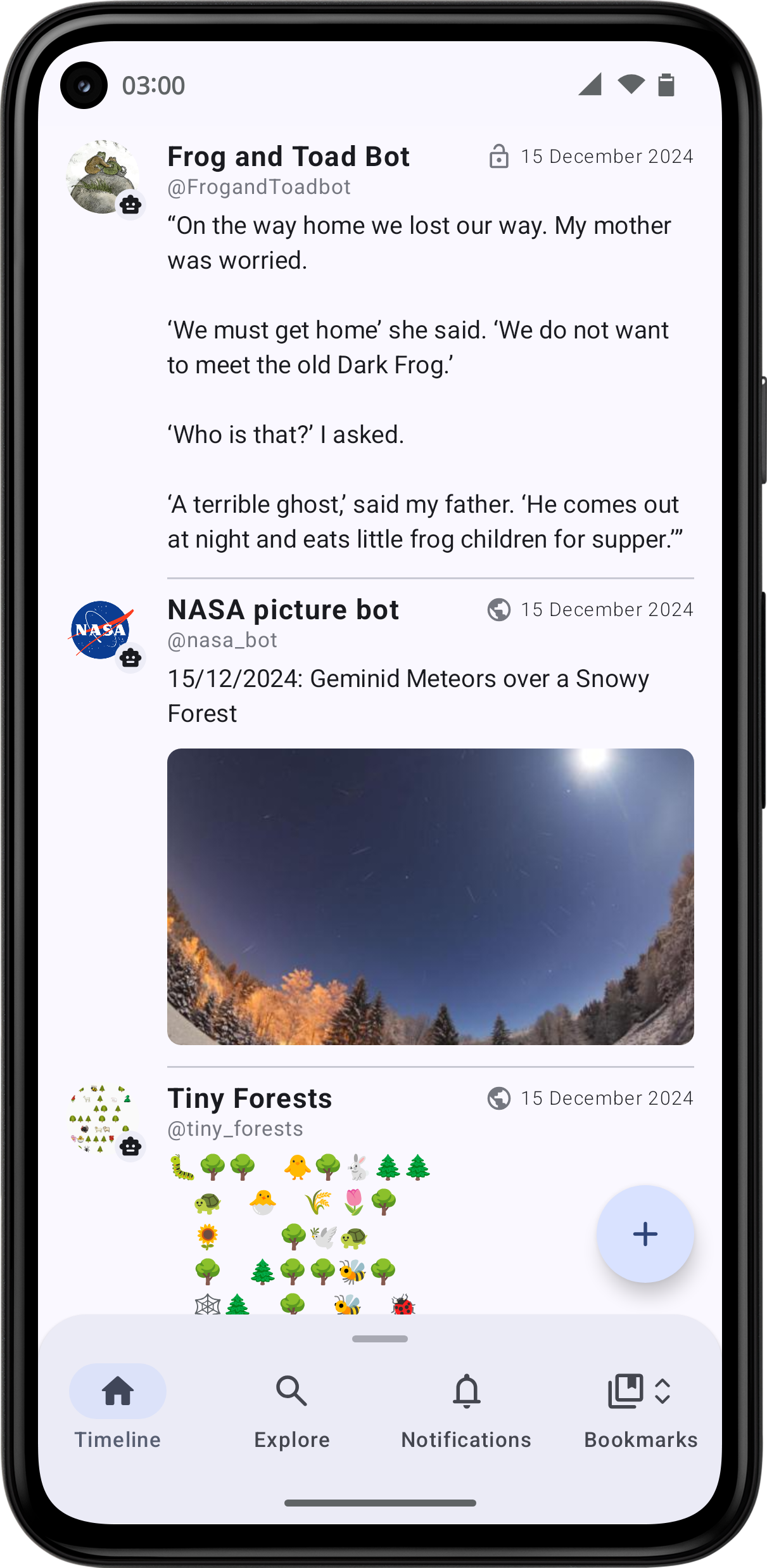 Screenshot of the apps main timeline page
